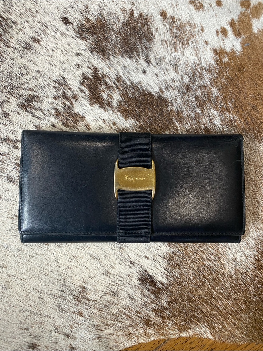 Authentic Salvatore Ferragamo Black Leather Folded Wallet with Gold Logo